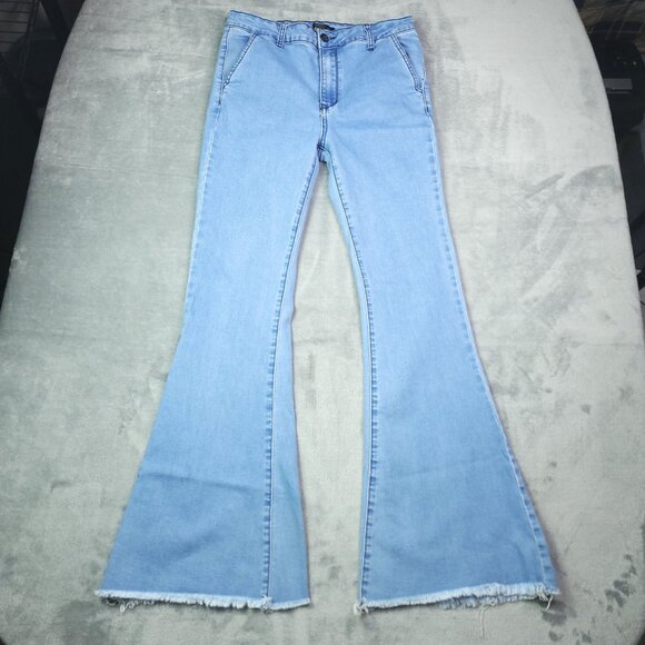 Forever 21 Juniors Flared Jeans Large 30 Waist Light Wash High Rise Frayed Hem - Picture 4 of 8